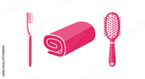 Pink Bathroom Essentials - Toothbrush, Towel, and Hairbrush.