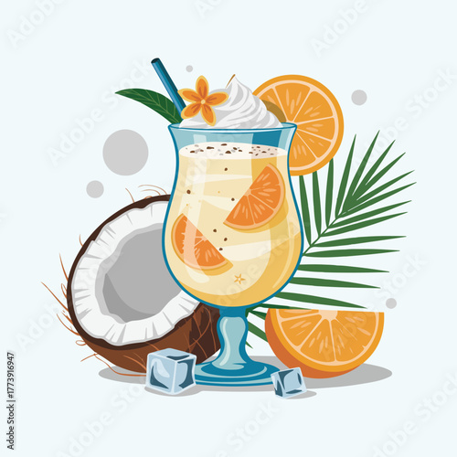 Fresh vector illustration of tropical summer drinks, including a cocktail, wine, and fruit juice in glasses