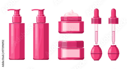 Pink Cosmetic Product Set - Bottles, Jars, and Droppers.