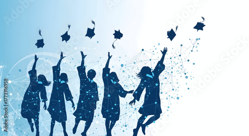 Graduation Celebration Students Throwing Caps, Success Concept, Blue Background