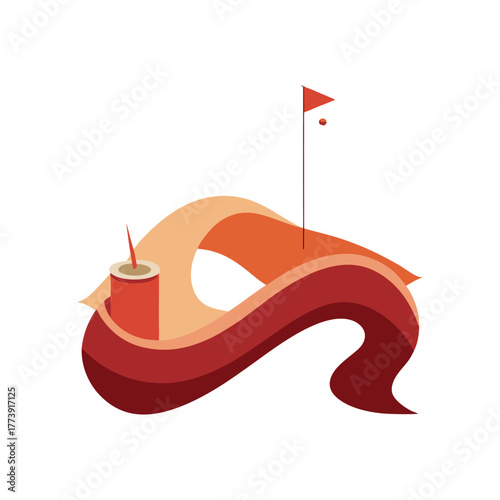 Minimalist Golf Illustration with Flag Ball and Course Abstract Design