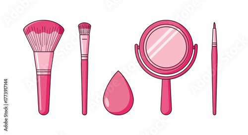 Pink Makeup Tools - Brushes, Sponge, and Mirror.