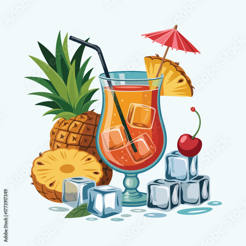 A tropical summer vector illustration of a set of fresh, cold fruit cocktails in glasses with ice, perfect for a beach party refreshment
