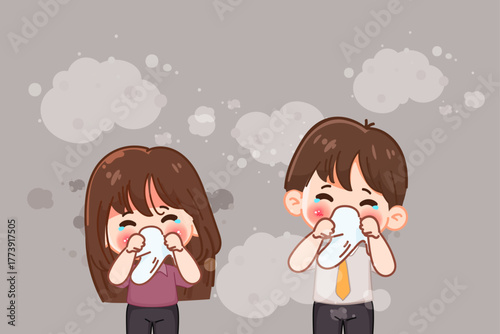 People with allergy from dust PM2.5. Runny nose and watery eyes. Seasonal disease. Illness with cough, cold and sneeze symptoms.