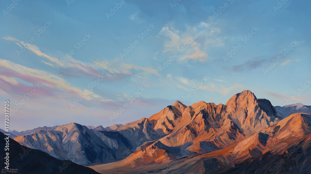 Naklejka premium Expansive view of a mountain range at dusk, with jagged peaks catching the last rays of sunlight against a clear, pale blue sky with wispy clouds