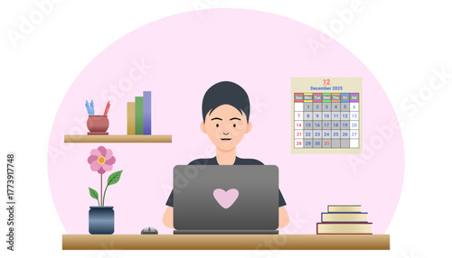 Cozy remote worker at desk, cheerful mood perfect for finance, schedule, or income advertisement.