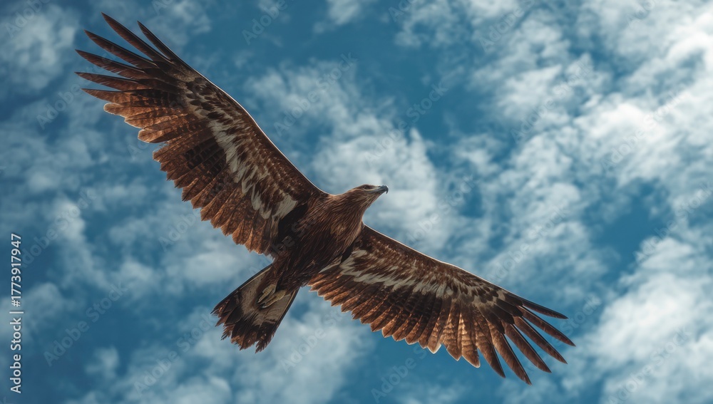 Obraz premium Majestic Eagle Soaring High Above the Clouds in a Blue Sky.