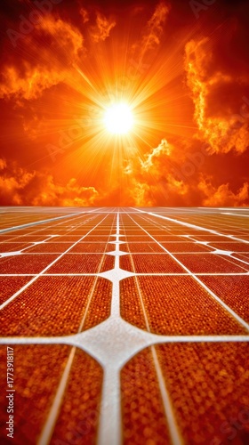 A grid of orange solar panels absorbs bright sunlight. The sun shines intensely through some clouds, providing clean energy