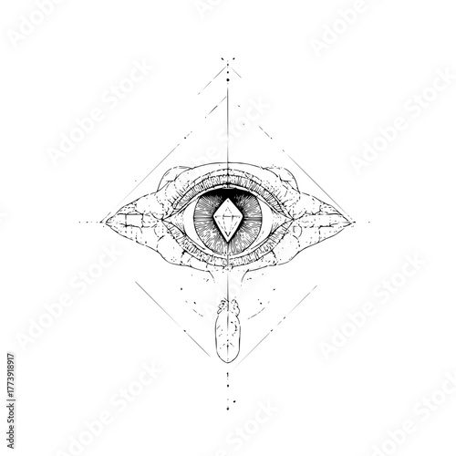 A detailed black and white sketch of an eye with a diamond pupil inside a geometric diamond frame