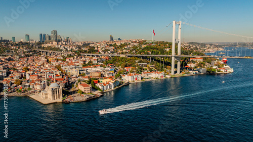 Istanbul Bosphorus Bridge(July 15 Martyrs Bridge). Aerial view of the Bosphorus Bridge with drone on a cloudy day. Unique view of Istanbul. Turkiye.