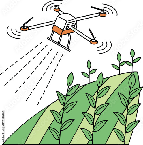 Illustration of a drone surveying a crop field with plants and leaves suitable for agricultural technology and design projects