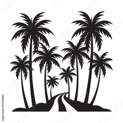 Palm Tree Avenue Along Sandy Beach Silhouette