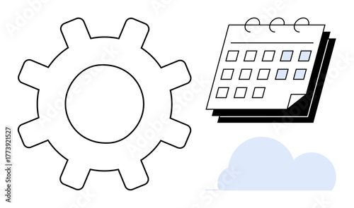 Gearwheel, calendar with marked dates, and cloud visualizing task automation, scheduling, and storage. Ideal for workflow, productivity, planning cloud storage teamwork innovation growth. Simple