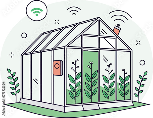 Modern illustration depicting a smart greenhouse connected to wireless network and featuring lush green plants on a white background