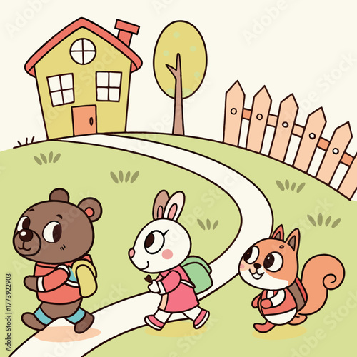 A delightful cartoon illustration depicts a bear, rabbit, and squirrel cheerfully walking to school along a winding path, set against a backdrop of a cozy house and a sunny day