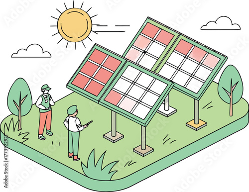 Illustration of people examining solar panels on a transparent background with a sustainable energy theme