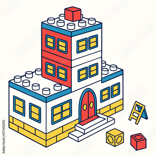 A charming illustration showcases a colorful toy building, constructed from interlocking plastic blocks, the building features a mix of vibrant colors and simple shapes