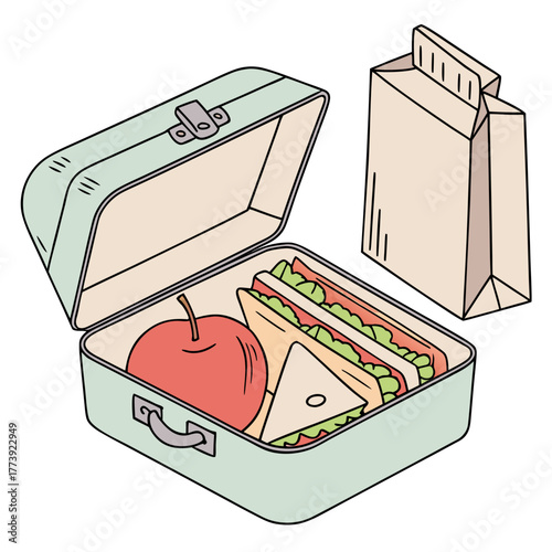 A delightful illustration of a lunchbox with a sandwich, apple, and paper bag, capturing the essence of school lunches and healthy eating habits, perfect for educational and nostalgic themes