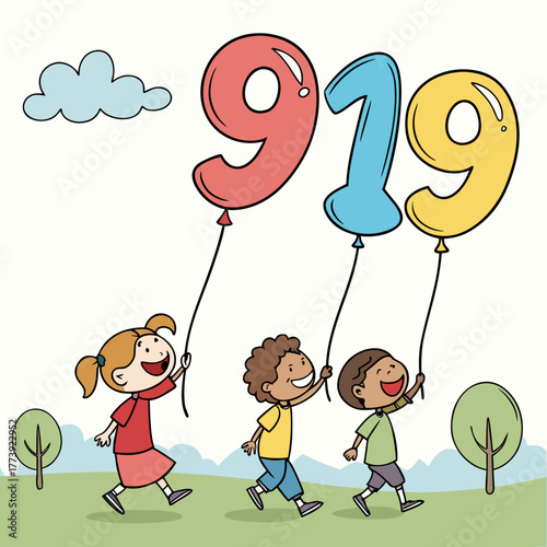 Three happy children are running in a field with balloons shaped like the numbers 919, the children are smiling and laughing as they run through the grass