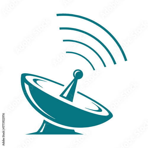 Teal satellite dish emitting signal waves on white background antenna