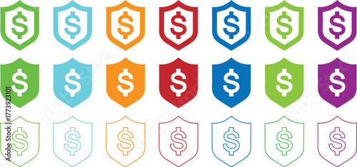 Multicolor Dollar Sign Icon, Economic and Finance Concept Vector. Increase Dollar Currency Chart Icon in black, blue, green, red and white Color bar graph.