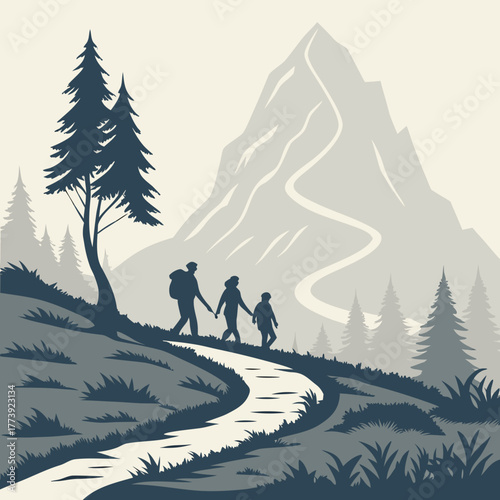 A family of three hikes along a winding path through a forest towards a tall mountain peak, symbolizing adventure, togetherness, and the pursuit of outdoor recreation and exploration