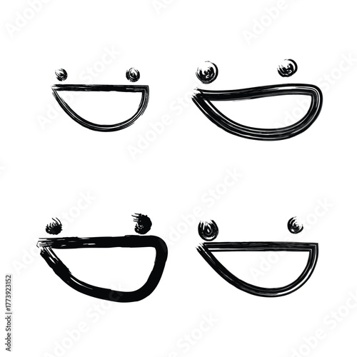 Four hand drawn black smiley face emoticons with wide grins on a white background