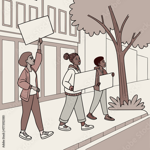 Three young activists march in solidarity, holding blank signs high, their determination etched on their faces as they advocate for change and justice in their community, united in purpose