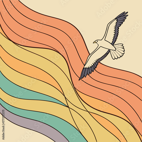 A seagull glides gracefully over a retro rainbow, its light plumage contrasting with the warm hues, creating a serene scene of coastal beauty and the freedom of flight