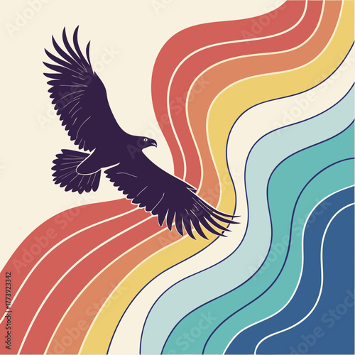 A majestic eagle soars across a vibrant retro rainbow, its dark silhouette contrasting against the colorful waves, evoking a sense of freedom, nostalgia, and the beauty of natures harmony