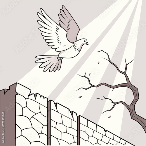 A dove takes flight from a stone wall, bathed in divine light, symbolizing peace, hope, and new beginnings, with a stark tree branch adding a touch of somber reflection