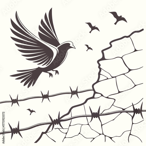 A dove flies away from a barbed wire fence and a crumbling wall, symbolizing freedom, hope, and overcoming obstacles, with other birds flying in the background, vector illustration