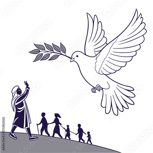 A hopeful scene unfolds as a dove of peace, carrying an olive branch, soars above a group of refugees, led by a guide, seeking sanctuary and a new beginning