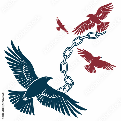 A vibrant vector image conveying the idea of breaking free from constraints, featuring a chain transforming into birds in flight, symbolizing liberation and the pursuit of dreams