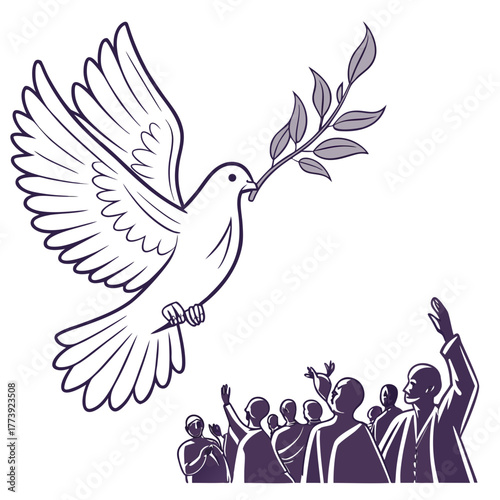 Illustration of a dove carrying an olive branch, symbolizing peace and hope, with people raising their hands in celebration, represents harmony