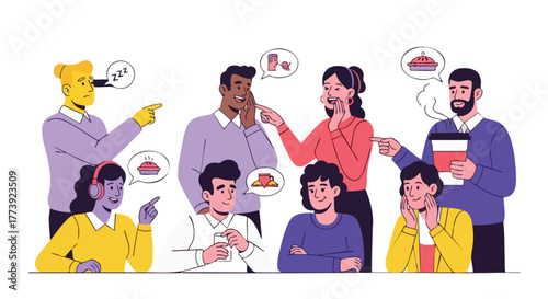 A diverse group of people, interacting and pointing at thought bubbles above their heads, illustrating ideas, communication, and brainstorming in a collaborative setting, using a flat vector style.