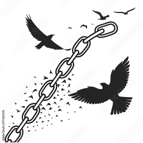 A powerful illustration of freedom and liberation, featuring a broken chain transforming into birds in flight, symbolizing the breaking of barriers and the pursuit of dreams