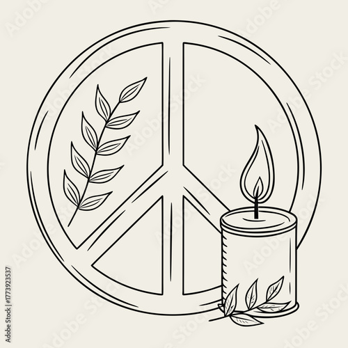 Peace symbol with candle and olive branch, representing hope, remembrance, and a call for peace, perfect for conveying messages of solidarity and remembrance