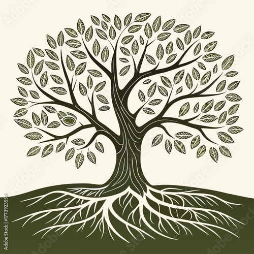 A serene tree illustration with intertwined roots and branches, symbolizing growth, connection, and resilience, with a birdhouse nestled among the leaves