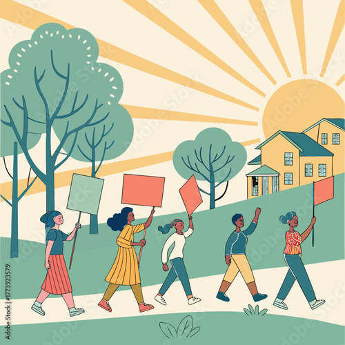 A diverse group of people march together, holding blank signs, symbolizing unity, activism, and community engagement, with a bright sun and houses in the background, promoting social change