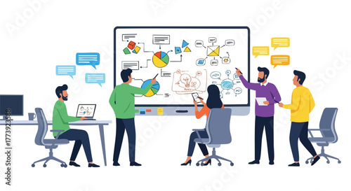 A diverse group of business professionals collaborates during a brainstorming session, analyzing data and presenting ideas on a large interactive whiteboard within a modern office setting.