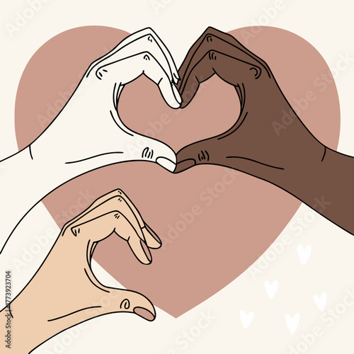 Three hands of different skin tones forming a heart shape, symbolizing love, unity, and diversity, on a heart background, promoting inclusivity and harmony in a minimalist style