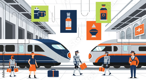 An illustrated scene depicts a modern train station with high-speed trains, diverse people, and stylized icons representing beverages and travel essentials, creating a vibrant and contemporary visual.