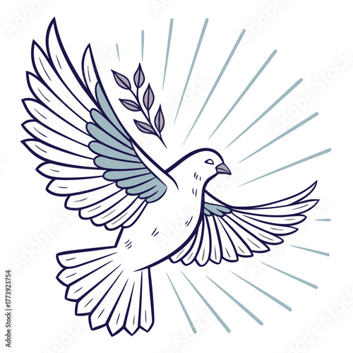 A graceful dove soaring with an olive branch, embodying peace, tranquility, and fresh starts, a classic representation of harmony and renewal