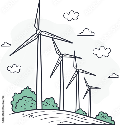 Sustainable wind turbines generating clean energy in a serene landscape with eco-friendly illustration for modern designs