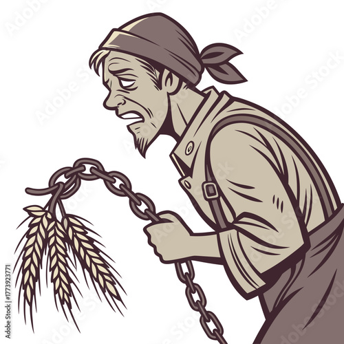An illustration depicts a somber farmer burdened by a heavy chain, symbolizing the challenges and hardships faced in agriculture