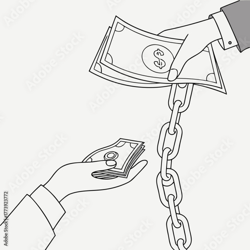 A hand passes a stack of dollar bills to another hand, but a chain connects the two, symbolizing debt, financial burden, or economic constraint