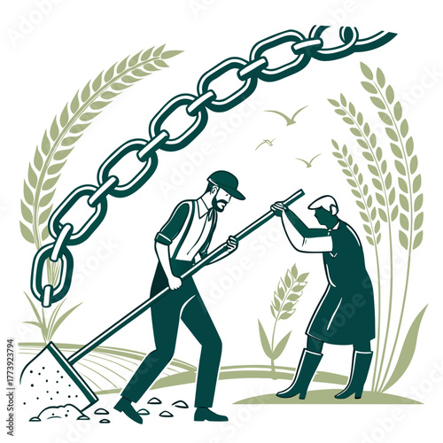 Illustration depicting farmers working together to break a chain, symbolizing freedom from oppression and the power of collective action