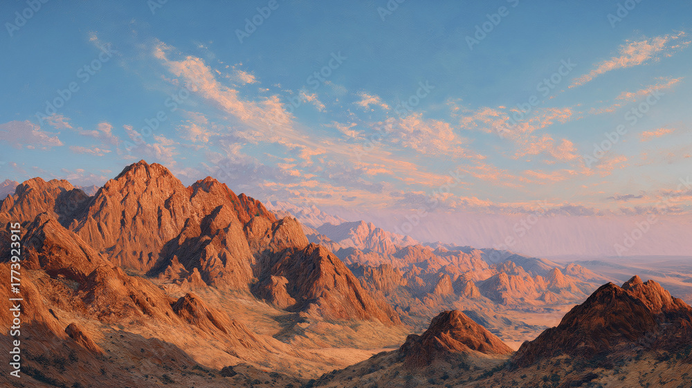 Fototapeta premium Expansive desert mountain landscape at dawn, with rugged, sunkissed rock formations stretching towards a soft, hazy horizon under a clear sky