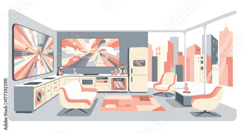 An inviting mid-century modern living space illustration features a vibrant cityscape backdrop, stylish furniture, and an abstract artwork on the wall, creating a visually appealing atmosphere.